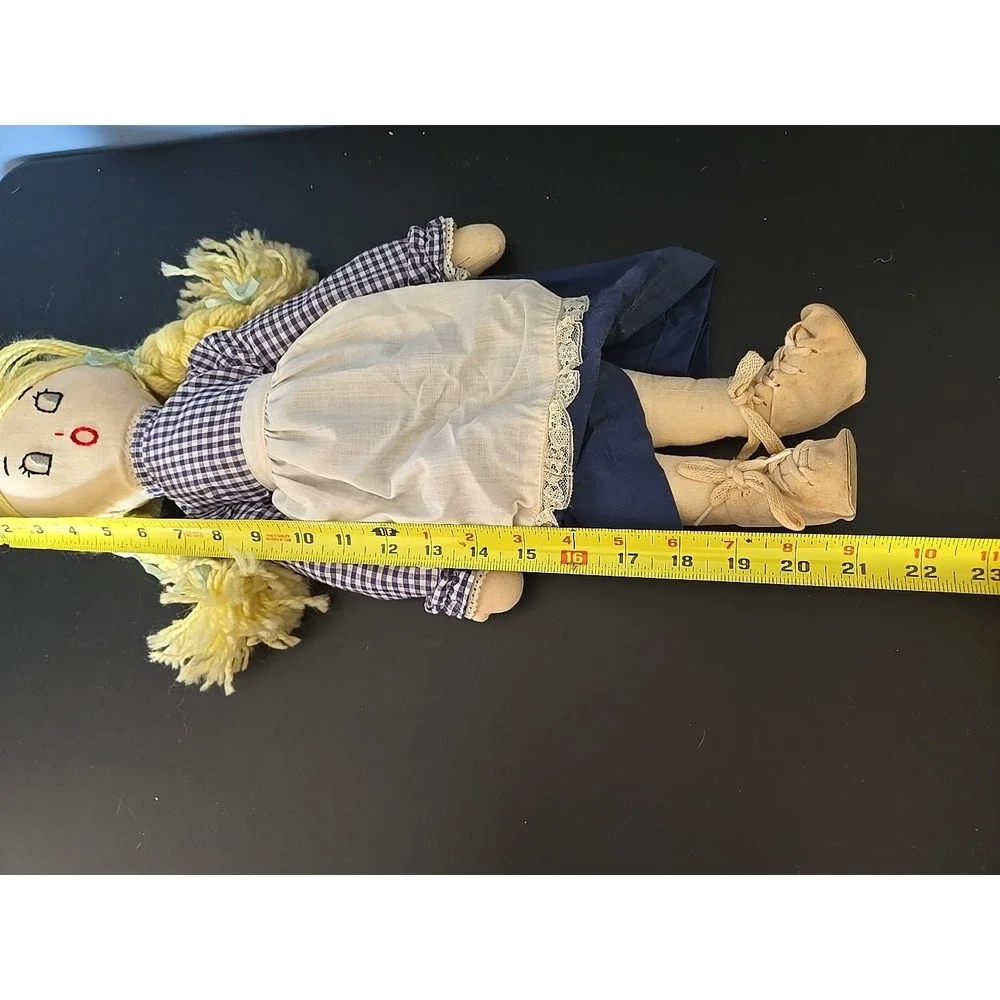 Vintage Handmade Cloth Doll‎ With Stitched Facial Features Blond Hair Apron